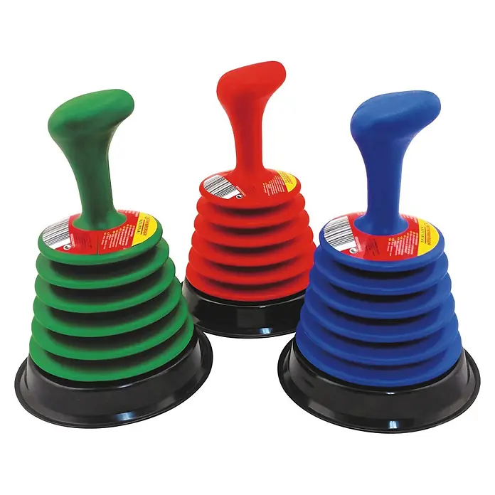 Rothenberger Industrial Mini-Saugglocke - Durchmesser: 116 mm, Geeignet für: Abflüsse - Drei farbige Saugstempel mit Griffen in Grün, Rot und Blau, die auf einem schwarzen Hintergrund stehen.