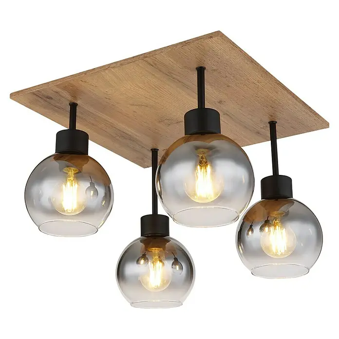 Globo Deckenleuchte MOITAS - 40 W, L x B x H: 40 x 40 x 33,5 cm, Schwarz-matt, E27 - Moderne Deckenleuchte mit Holzbrett und vier rauchfarbenen Glaskugeln für stimmungsvolle Beleuchtung im Raum.