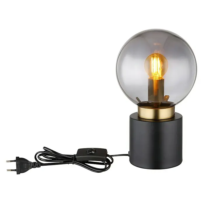 Globo Tischleuchte rund MARKA - 25 W, Ø x H: 15 x 24,5 cm, Schwarz-matt, E14 - Eine elegante Tischlampe mit einem runden, rauchfarbenen Glasschirm und einem schwarzen Sockel, die warmes Licht ausstrahlt.