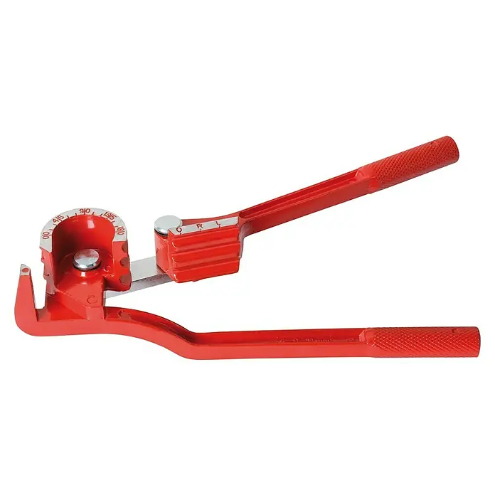 Rothenberger Industrial Biegezange Minibend - 6,35 mm - 9,525 mm, Max. Biegeradius: 180 ° - Eine rote Rohrbiegezange mit einem Griff und Markierungen für verschiedene Biegewinkel, die für präzises Biegen von Rohren geeignet ist.