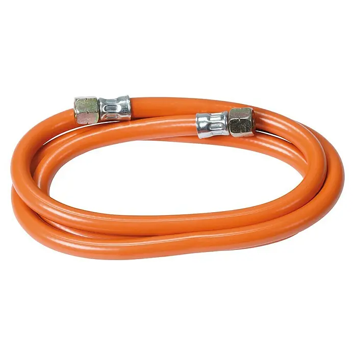 Rothenberger Industrial Niederdruckschlauchleitung - 2 x G¼″L, 150 cm - Oranger Gasschlauch mit Metallanschlüssen, aufgerollt dargestellt. Ideal für Gasgeräte.