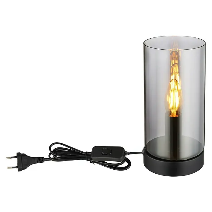 Globo Lámpara de sobremesa redonda Olly - 25 W, Ø x Al: 11 x 22,5 cm, Negro, E14 - Esta imagen muestra una elegante lámpara de mesa con una pantalla de vidrio cilíndrica y una bombilla Edison, dándole un toque moderno.