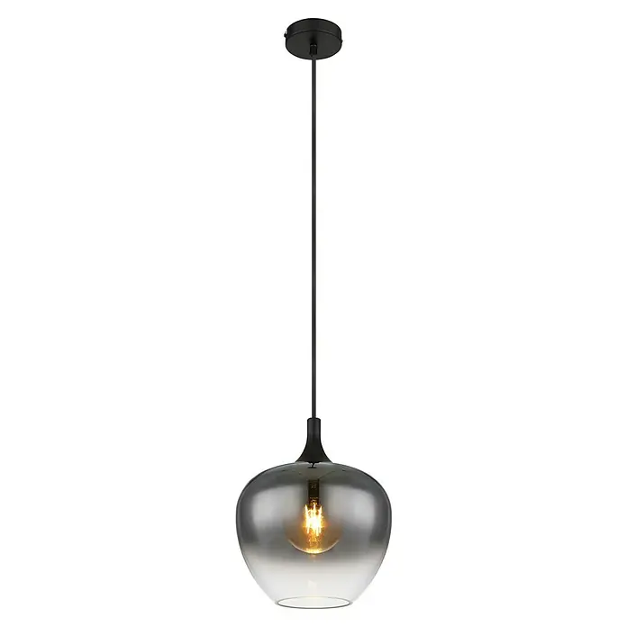 Globo Pendelleuchte MAXY - Anzahl Leuchtmittel: 1 Stk., 40 W, Ø x H: 24 x 120 cm, E27 - Eine Nahaufnahme einer stilvollen, hängenden Pendelleuchte mit einem rauchfarbenen Glasschirm und einer warm leuchtenden Glühbirne im Inneren.
