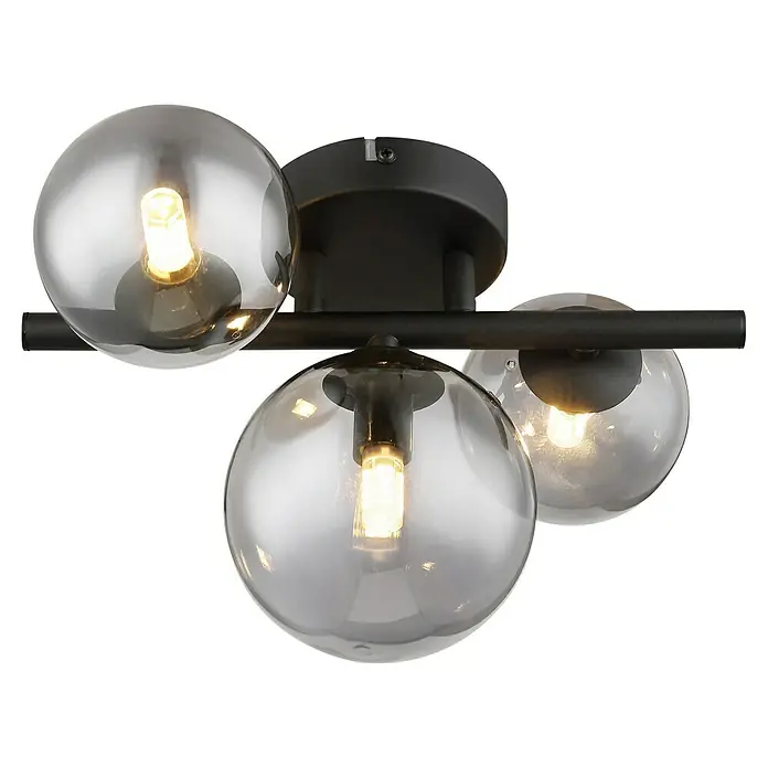 Globo Riha LED-Deckenleuchte RIHA - 3,5 W, L x B x H: 28,5 x 23,5 x 20 cm, Schwarz-matt, Warmweiß - Moderne Deckenleuchte mit drei rauchgrauen Glaskugeln und warmweißem Licht, perfekt für stilvolle Beleuchtung.