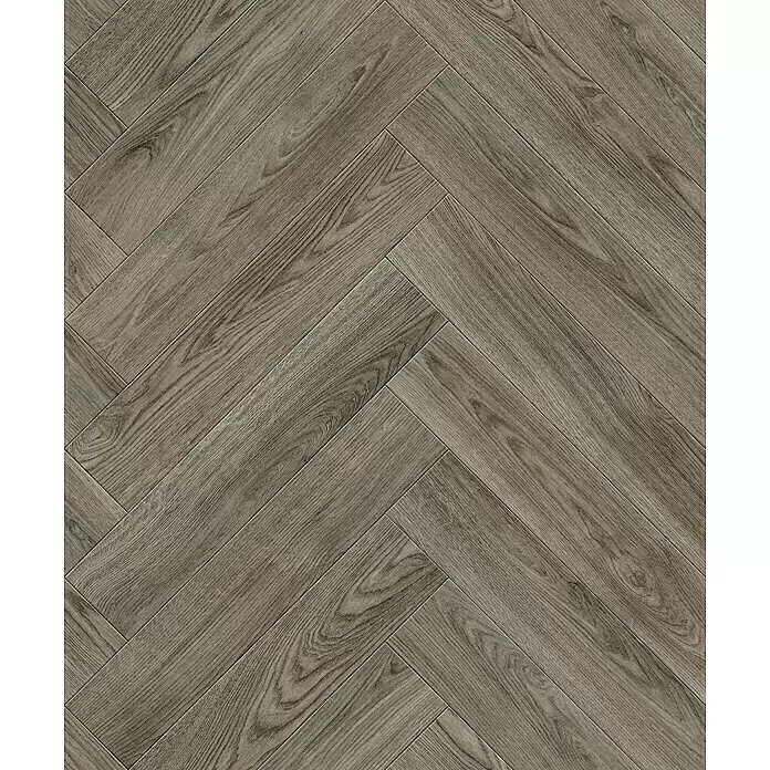 Beauflor PVC-Boden Meterware Hermes - 400 cm, Grau/Braun, Wood 24 - Grau-brauner Holzoptik-Boden in Fischgrätmuster verlegt.