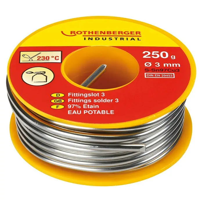 Rothenberger Industrial Fittingslot 3 Sn97Cu3 - Durchmesser: 3 mm, 250 g - Lötdraht von Rothenberger Industrial mit 250g Gewicht und 3mm Durchmesser, geeignet für Fittingslot 3 mit einer Schmelztemperatur von 230°C.