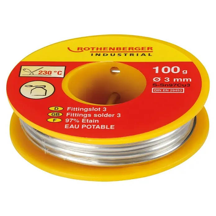 Rothenberger Industrial Fittingslot 3 Sn97Cu3 - Durchmesser: 3 mm, 100 g - Eine Rolle Rothenberger Industrial Lötdraht mit 100 g Gewicht, 3 mm Durchmesser und einer Legierung aus S-Sn97Cu3.