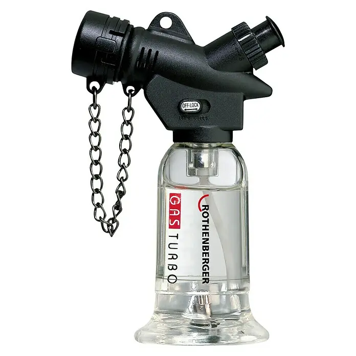 Rothenberger Industrial Gaslötbrenner Pocket Torch Piezo - Arbeitstemperatur: 450 °C, Piezo-Zündung - Rothenberger Gas Turbo Lötlampe mit transparentem Tank und schwarzem Aufsatz mit Kette für professionelle Anwendungen.