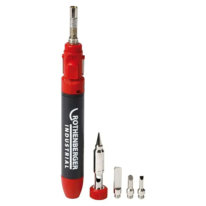 Rothenberger Industrial Gaslötkolben-Set Micropen - Arbeitstemperatur Lötkolben: 250 °C - Abbildung eines Rothenberger Industrial Gaslötkolbens mit verschiedenen Aufsätzen, ideal für professionelle Lötarbeiten.