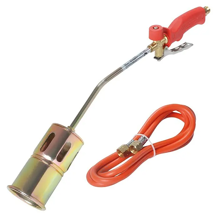 Rothenberger Industrial Anwärmbrenner-Set ROMINI - Durchmesser Brenner: 30 mm, 25 kW - Hier ist ein Bild eines Gasbrenners mit Schlauchanschluss. Das Gerät ist für Hochtemperaturanwendungen konzipiert.