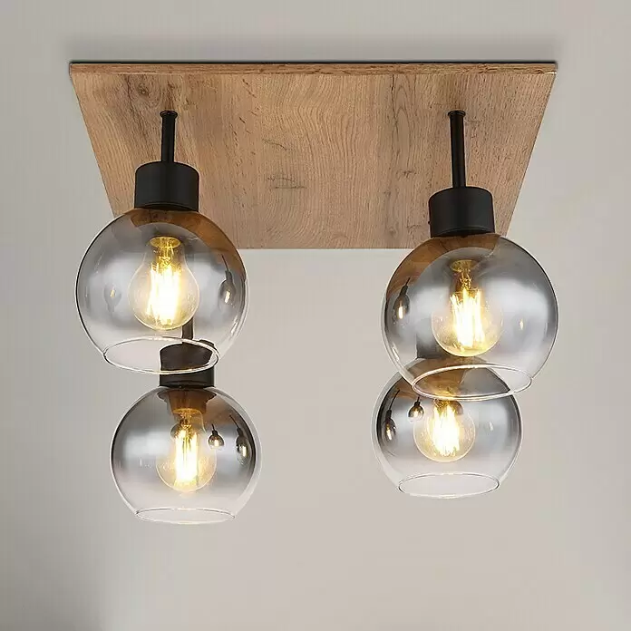Globo Deckenleuchte MOITAS - 40 W, L x B x H: 40 x 40 x 33,5 cm, Schwarz-matt, E27 - Quadratische Deckenleuchte aus Holz mit vier Rauchglas-Kugelschirmen, schwarzen Metallfassungen und sichtbaren Glühfäden.