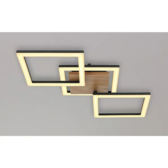 Globo LED-Deckenleuchte KERRY - 30 W, L x B x H: 66 x 31 x 7,5 cm, Schwarz-matt, Warmweiß - Moderne Deckenleuchte mit drei geometrischen Formen, kombiniert Holz und schwarze Rahmen mit integrierter LED-Beleuchtung für warmes Licht.