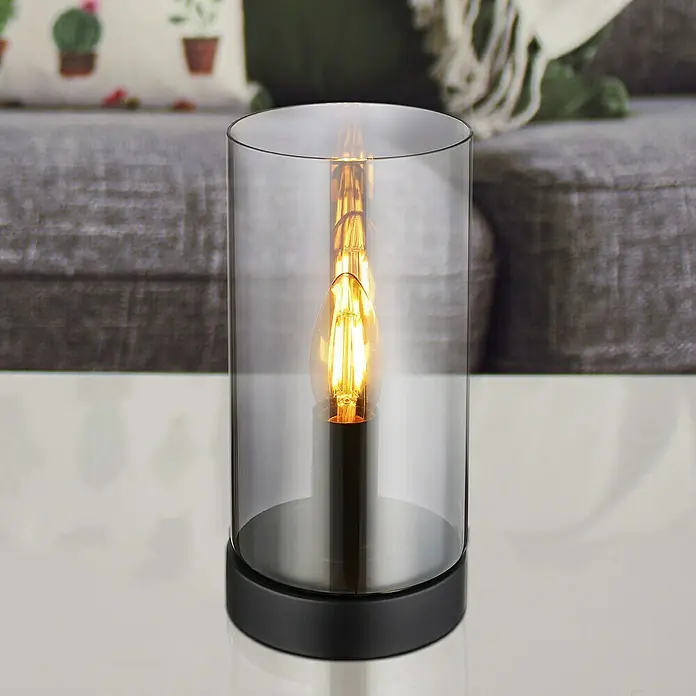 Globo Lámpara de sobremesa redonda Olly - 25 W, Ø x Al: 11 x 22,5 cm, Negro, E14 - Elegante lámpara de mesa con cilindro de vidrio y bombilla decorativa, proporcionando iluminación cálida para un ambiente acogedor.