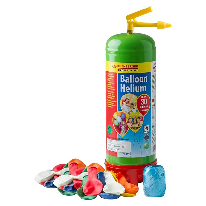 Rothenberger Industrial Ballon-Party-Set - 2 l, Helium - Ein grüner Heliumballon-Tank von Rothenberger Industrial, mit gelbem Füllventil und bunten Ballons, ideal für Partys.