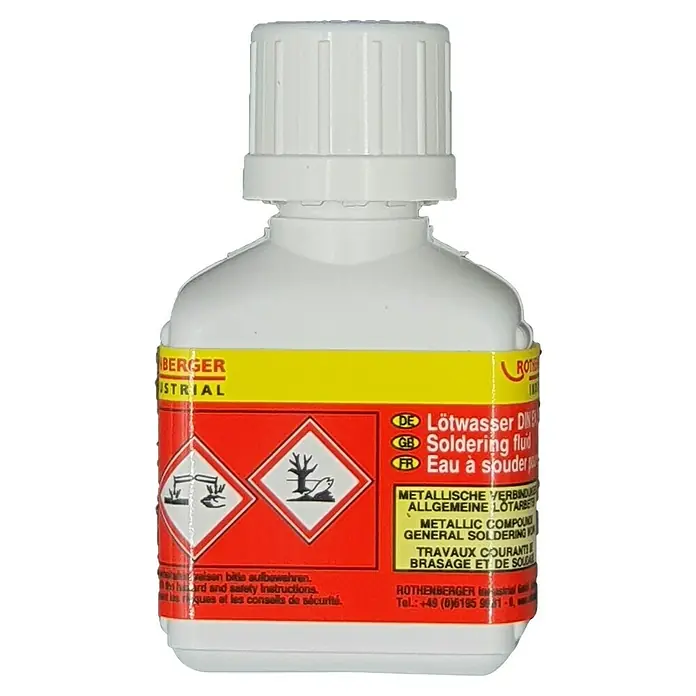 Rothenberger Industrial Lötwasser - 24 ml - Flasche Lötwasser DIN von Rothenberger Industrial mit Warnhinweisen, ein unverzichtbares Produkt für Lötarbeiten.