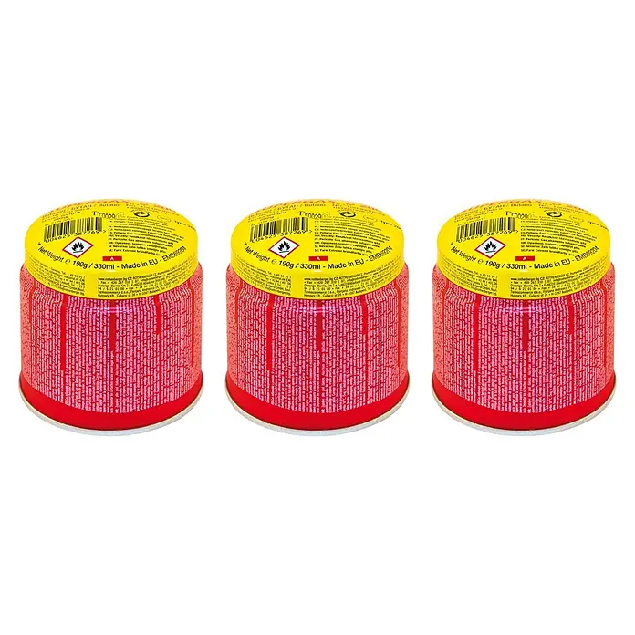 Rothenberger Industrial Stechkartusche C 200 Supergas - 190 g, 3 Stk. - Drei Butangasflaschen mit gelbem Deckel und rotem Korpus, die ein Gewicht von 190g/330ml haben und in der EU hergestellt wurden.