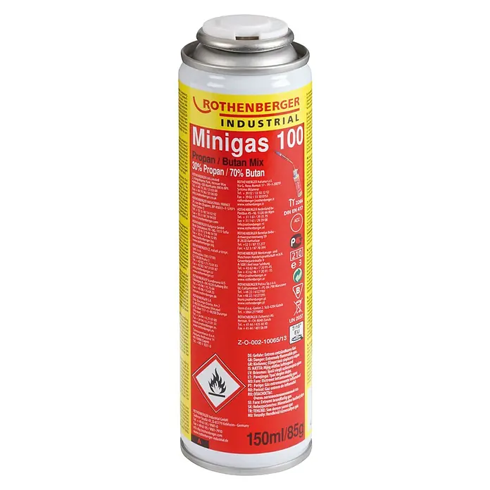 Rothenberger Industrial Minigas 100 - 150 ml - Eine Dose Rothenberger Minigas 100, eine Mischung aus Propan und Butan, ideal für industrielle Anwendungen und mit 150ml/85g Füllmenge.