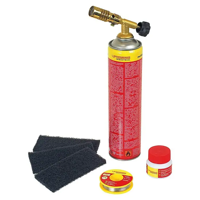 Rothenberger Industrial Gaslötgerät ROFIX Set 1800 - 2,2 kW, Piezo-Zündung - Ein Bild von einem Rothenberger Industrie-Lötbrenner-Set mit Lötzinn, Flussmittel und Reinigungspads, ideal für professionelle Lötprojekte.
