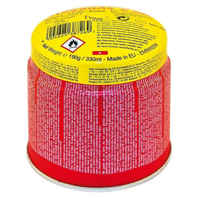 Rothenberger Industrial Stechkartusche C 200 Supergas - 190 g, 1 Stk. - Rote Gasflasche mit gelbem Etikett, das Warnhinweise und Produktinformationen wie „Net Weight e 190g / 330ml“ zeigt.
