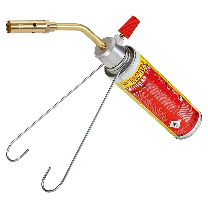 Rothenberger Industrial Kartuschen-Lötgerät Miniset - 1.450 °C, Durchmesser Brenner: 14 mm - Abbildung eines Rothenberger Minigas 100 Industriebrenners mit roter Kappe und Metallständer auf schwarzem Hintergrund.