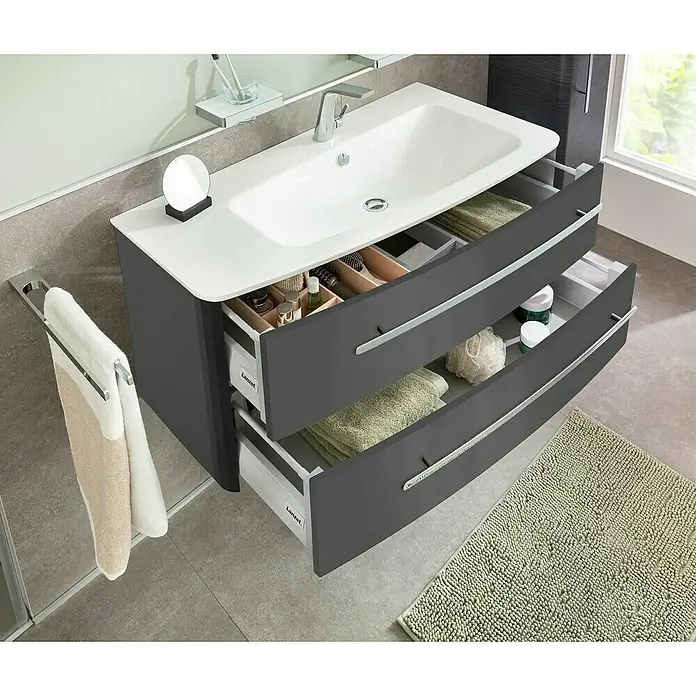 Lanzet Classico Waschtischunterschrank - 99,2 x 52,4 x 48,2 cm, Grafit, Chrom, Links - Ein moderner Badezimmerschrank mit Waschbecken und zwei Auszügen bietet stilvollen Stauraum für Badutensilien und Handtücher.