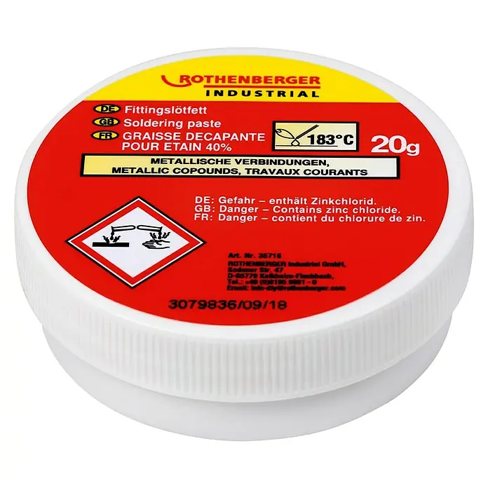 Rothenberger Industrial Lötfett - 20 g - Abbildung einer Dose Rothenberger Industrielötpaste mit Warnhinweisen und technischen Daten auf der Verpackung.