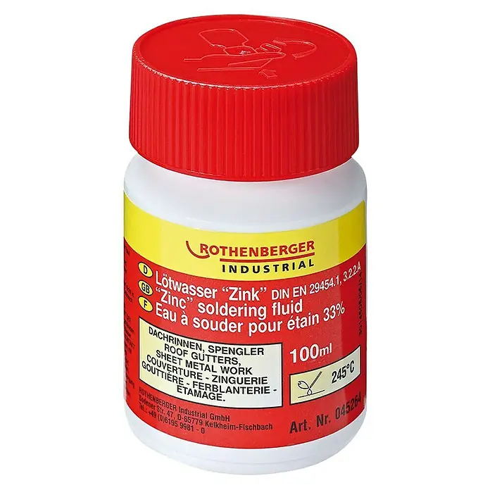 Rothenberger Industrial Lötwasser Zink - 100 ml - Bild einer Flasche Rothenberger "Zink" Lötwasser, ein Flussmittel zum Löten von Dachrinnen und Metallarbeiten, mit rotem Deckel.