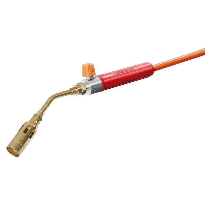 Rothenberger Industrial Propan-Löt-Set - Höchsttemperatur: 1.750 °C - Abbildung eines Rothenberger Lötbrenners mit rotem Griff und orangenem Schlauch für professionelle Löt- und Schweißarbeiten.