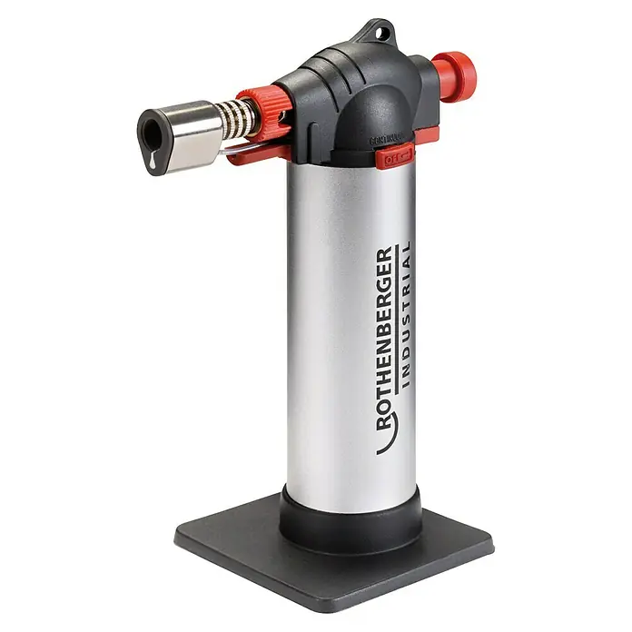 Rothenberger Industrial Lötbrenner - Höchsttemperatur: 1.300 °C - Ein Rothenberger Industrial Bunsenbrenner mit silbernem Gehäuse, schwarzem Griff und rotem Regler, ideal für Industrieanwendungen.