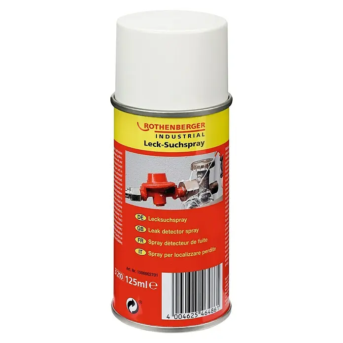 Rothenberger Industrial Lecksuchspray - Passend für: Gasleitungen, Gasflaschen, Behältern, Ventilen und Rohverbindungen - Abbildung einer Dose Rothenberger Lecksuchspray, geeignet zur schnellen und zuverlässigen Ortung von Undichtigkeiten.
