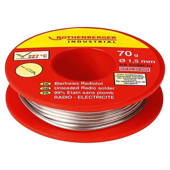 Rothenberger Industrial Radiolot - Durchmesser: 1,5 mm, 70 g - Das Bild zeigt eine Rolle bleifreies Radiolot der Marke Rothenberger Industrial mit 70g Gewicht und einem Durchmesser von 1,5 mm.