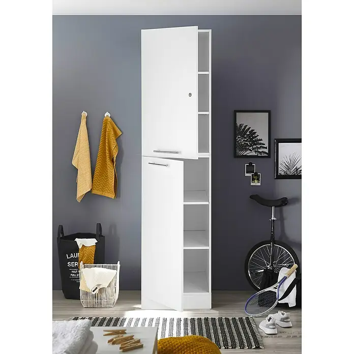 Respekta Hochschrank Clara - B x L: 50 x 67,6 cm, Weiß - Ein weißer, offener Kleiderschrank mit Regalen und zwei Fächern mit metallischen Griffen. Optimal für Badutensilien.