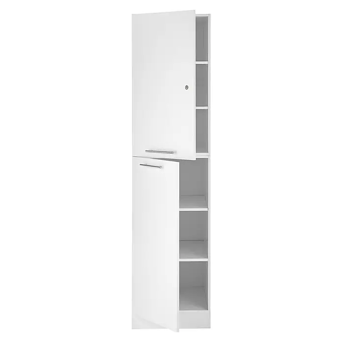 Respekta Waschmaschinenschrank Clara - L x B: 67,6 x 117,4 cm, Weiß, Mit Hochschrank & Waschmaschinenschrank - Ein weißer Schrank mit zwei Türen und mehreren Regalen, wobei die Türen teilweise geöffnet sind und Einblick in den Stauraum gewähren.