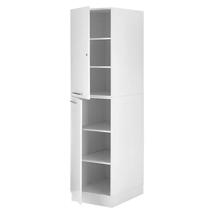 Respekta Waschmaschinenschrank Clara - L x B: 67,6 x 167,4 cm, Weiß, Mit 2 x Waschmaschinenschrank, Wäscheschrank & Hochschrank - Ein weißer, zweiteiliger Hochschrank mit mehreren Regalböden und zwei geöffneten Türen, die silberne Griffe haben.