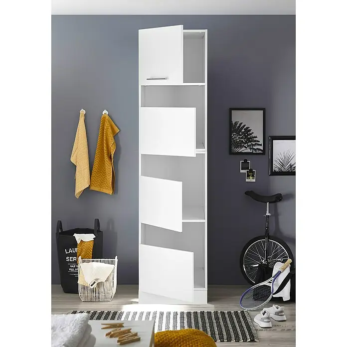 Respekta Wäscheschrank Clara - B x L: 50 x 67,6 cm, Weiß - Ein modernes, hohes Badezimmerregal in Weiß mit mehreren Fächern und Drehtüren, ideal zur stilvollen Badorganisation.