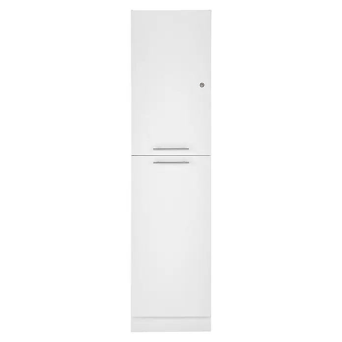Respekta Küchen-Hochschrank Clara - B x T x H: 50 x 67,6 x 200 cm, Weiß - Schrank mit zwei Schubladen und einem Schloss. Der Schrank ist weiß und hat silberne Griffe. Ideal für Büro oder Arbeitszimmer.