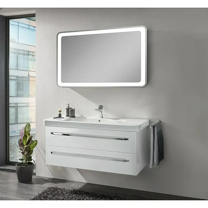 Lanzet K2 Waschtischunterschrank117,9 x 45,3 x 48,9 cm, Weiß - Elegantes Badezimmer-Ensemble mit einem Unterschrank mit zwei Schubladen und einem beleuchteten Spiegel für eine moderne Badgestaltung.