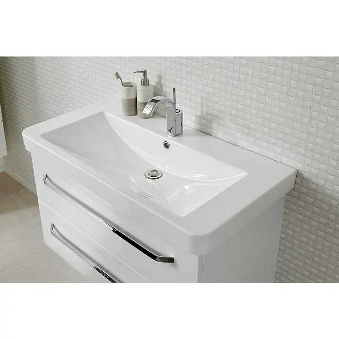 Lanzet K2 Einbauwaschbecken94 x 48 cm, Weiß - Ein moderner weißer Waschtisch mit zwei Schubladen und einem eleganten Chromhahn. Perfekt für jedes Badezimmer mit seinem sauberen und stilvollen Design.