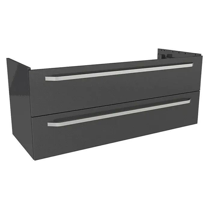 Lanzet K2 Badmöbel-Set K222G2 - 117,9 cm, Grafit - Ein moderner, grauer Unterschrank mit zwei Schubladen und silbernen Griffen. Das Möbelstück besticht durch sein schlichtes Design.