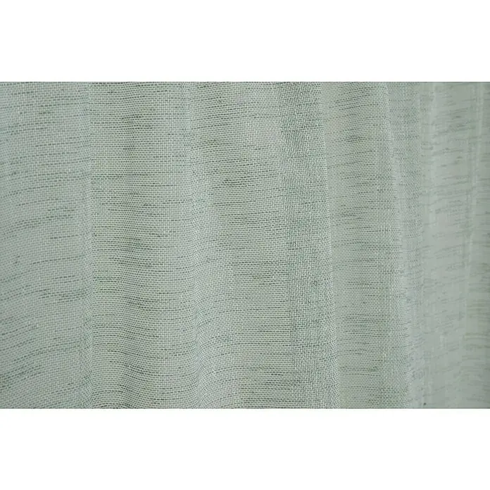 Elbersdrucke Bistrogardine Liem - B x H: 140 x 48 cm, 100 % Polyester, Mint - Nahaufnahme eines hellgrauen Leinenstoffes mit feiner Webstruktur, ideal für leichte Sommerbekleidung und stilvolle Wohnaccessoires.