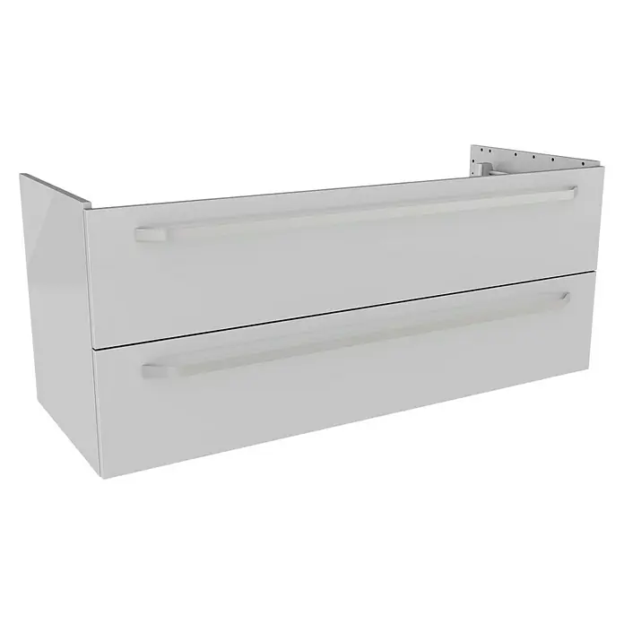 Lanzet K2 Badmöbel-Set K222W2 - 117,9 cm, Weiß - Die Abbildung zeigt einen modernen, weißen Waschbeckenunterschrank mit zwei Schubladen und Griffen. Er besticht durch seine schlichte Eleganz.