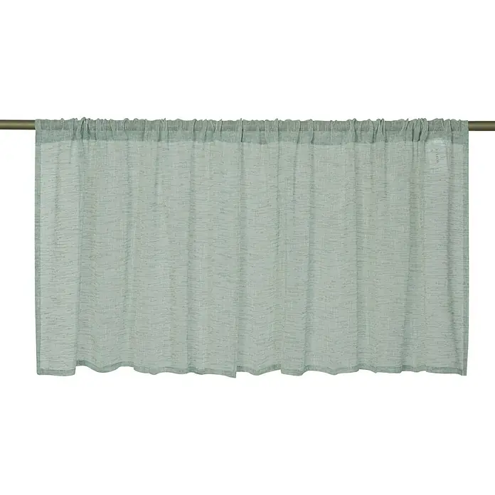 Elbersdrucke Bistrogardine Liem - B x H: 140 x 48 cm, 100 % Polyester, Mint - Nahaufnahme eines leichten, mintgrünen Voile-Gardinenpaneels mit geraffter Oberkante, das an einer Stange hängt und eine sanfte und luftige Fensterdekoration bietet.