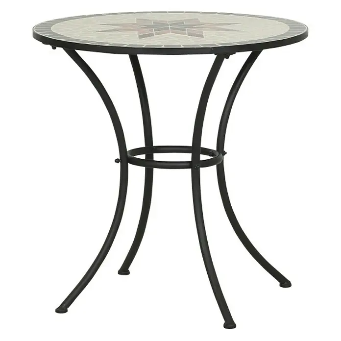 Siena Garden Stella Balkontisch rund - Ø x H: 70 x 71 cm, Schwarz/Beige/Braun - Das Bild zeigt einen runden Bistro-Tisch mit einer Mosaikplatte und einem schwarzen Metallgestell, ideal für den Außenbereich.