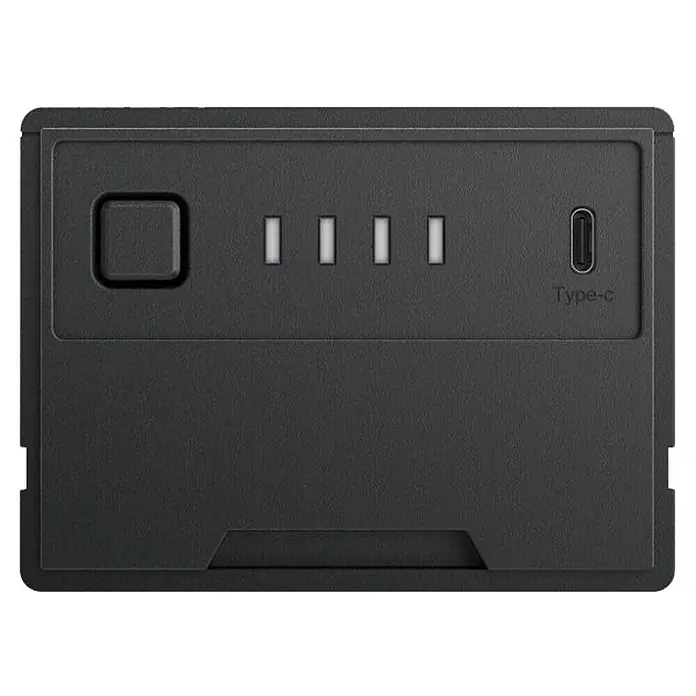EcoFlow Batterie Glacier - 1 Stk. - Bild einer schwarzen Drohnenbatterie mit Batteriestandsanzeige, Einschalttaste und USB-C-Anschluss für schnelles und effizientes Aufladen.