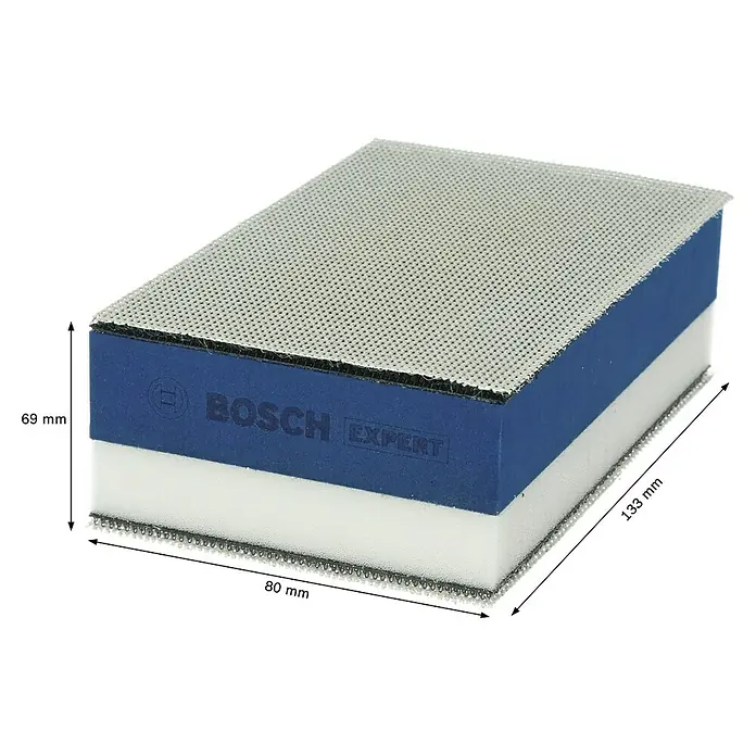 Bosch Expert Schleifblock Dual Density Set M480 - Maße Handschleifer: 80 x 133 mm - Bild eines Bosch EXPERT Schleifpads mit den Maßen 69 mm Höhe, 80 mm Breite und 133 mm Länge.