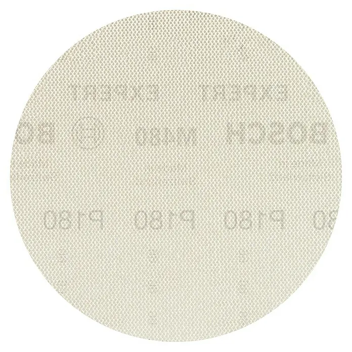 Bosch Expert Schleifgitter-Set M480 - Körnung: 180, Durchmesser: 225 mm, 5 Stk. - Das Bild zeigt ein rundes Schleifpapier der Marke Bosch Expert mit einer Körnung von P180, ideal zum Schleifen verschiedener Materialien.
