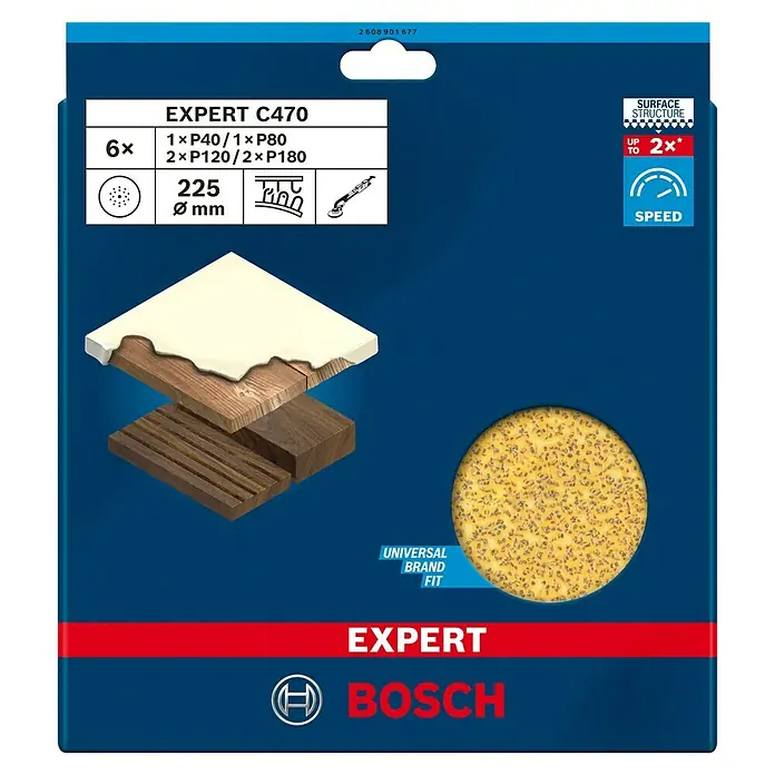Bosch Expert Haftschleifscheiben-Set C470 - Durchmesser: 225 mm, 6 Stk. - Bild der Bosch Expert C470 Schleifscheibenpackung mit Angaben zu Körnung und Größe.