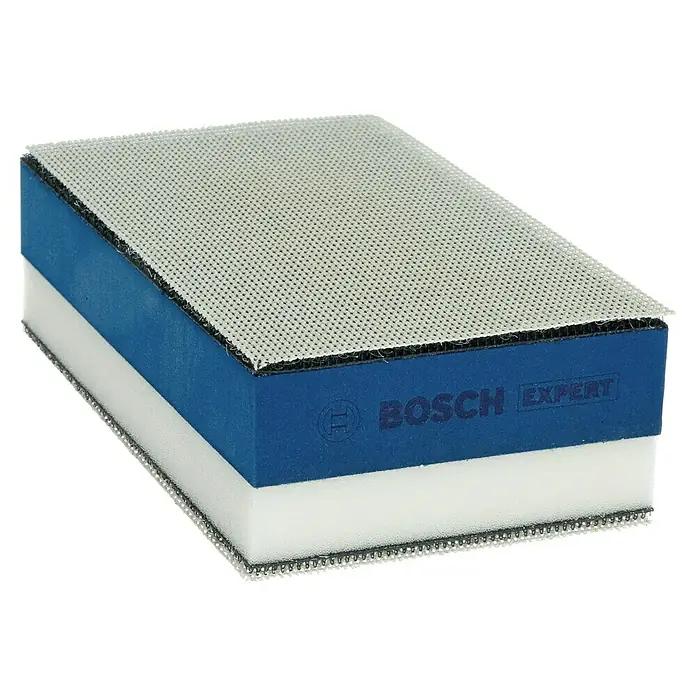 Bosch Expert Schleifblock Dual Density Set M480 - Maße Handschleifer: 80 x 133 mm - Nahaufnahme eines Bosch Expert Schleifklotzes, der durch seine blaue und weiße Schichtung sowie die Schleiffläche besticht.