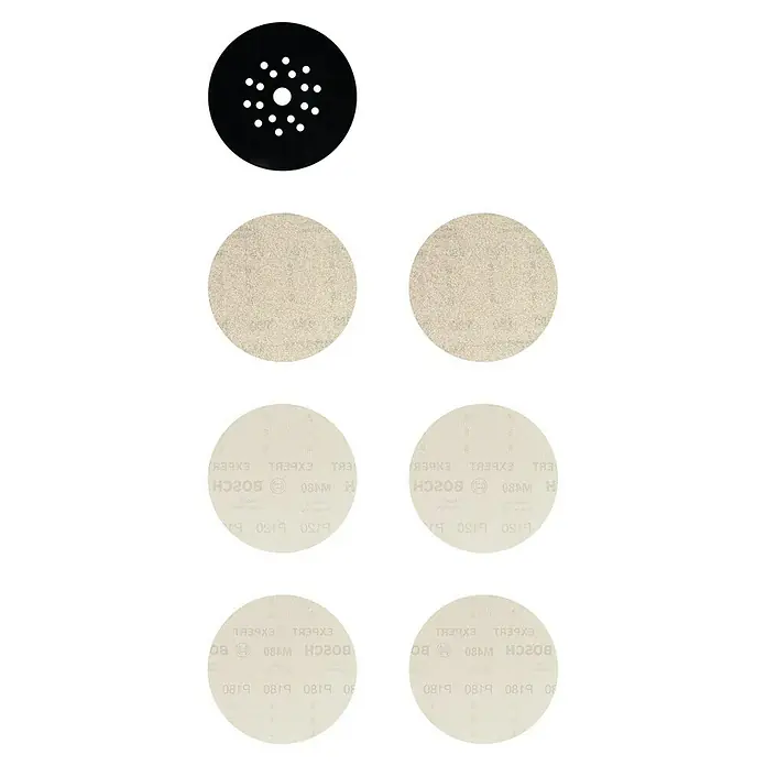 Bosch Expert Schleifgitter-Set M480 - Durchmesser: 225 mm, je 2 x P80/120/180, 1 x Schleiftellerschoner, 7 -tlg. - Schleifscheiben-Set, bestehend aus einem schwarzen Schleifteller und mehreren Schleifpapierblättern von Bosch Expert, ideal zum Schleifen.
