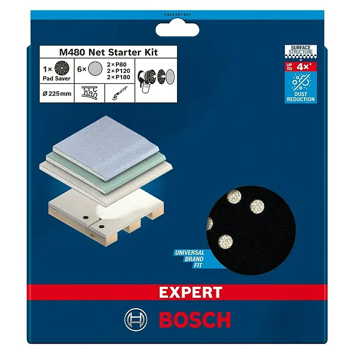 Bosch Expert Schleifgitter-Set M480 - Durchmesser: 225 mm, je 2 x P80/120/180, 1 x Schleiftellerschoner, 7 -tlg. - Abbildung des Bosch M480 Net Starter Kit, das Schleifscheiben und einen Pad Saver für Schleifarbeiten enthält.